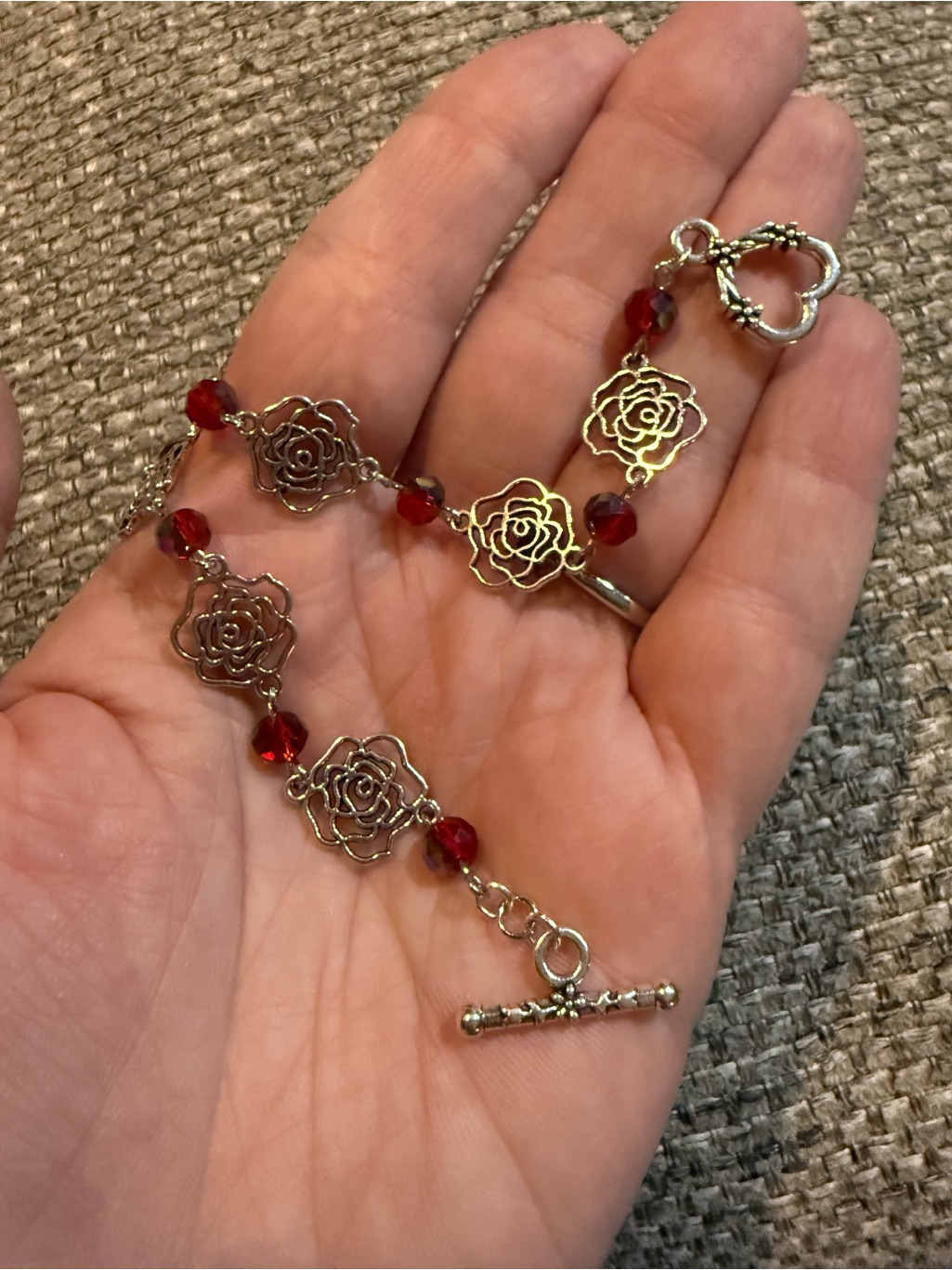Silver Rose Link Bracelet With Red Beads - Women